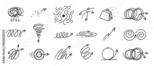 Hand-drawn doodle icons set illustrating concepts of chaos, order, problem solving, and finding a clear path from a tangled mess, representing strategy and transformation