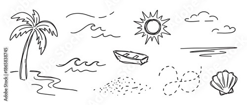 Hand drawn black and white doodle set of summer beach elements with a palm tree, sun, waves, boat, and seashell in a simple, minimalist sketch style for vacation concepts