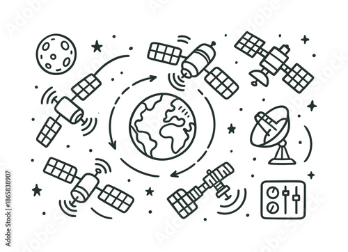 Orbital Satellite Doodle. Orbital satellites. Hand-drawn doodle illustration Orbital satellites Earth, satellite, orbit path, signal waves, antenna dish, moon,