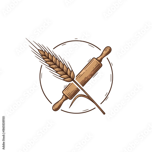 Illustrative logo featuring a crossed wheat stalk and wooden rolling pin within a circular outline, symbolizing baking or gluten-free concepts.