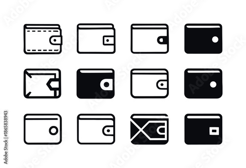 Leather Wallet Icons. Leather wallet. Icon set. Set Logo of leather wallet: open wallet top view. harmonious logo variations of the same emblematic concept,
