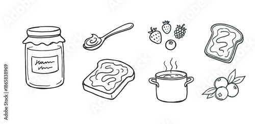Hand drawn black and white doodle icons of homemade jam making ingredients and breakfast food like toast, berries, and a cooking pot in a simple sketch style illustration set