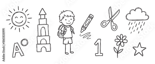 Collection of simple black line art doodles for children featuring a schoolboy, sun, flower, crayon, and scissors representing education, creativity, and elementary learning