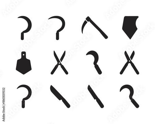 Agricultural Tool Icons. Agricultural sharp tools. Solid icon set of Agricultural sharp tools: sickle, scythe, pruning knife, hoe blade, plow blade, hedge