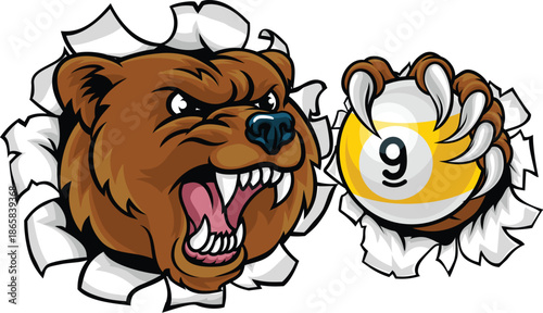 Bear nine ball pool sports mascot holding a 9 ball cartoon illustration