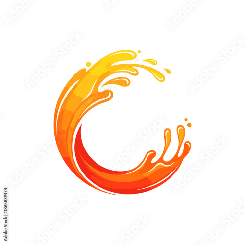 A vibrant orange and yellow liquid splash forms a dynamic 'C' shape, suggesting freshness and energy.