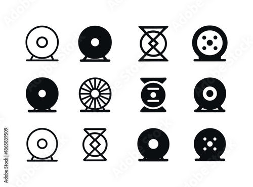Cable Reel Icons. Cable reel. Icon set. Set Logo of cable reel: classic round cable spool. harmonious logo variations of the same emblematic concept, each with