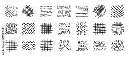 Hand-drawn doodle pattern collection with various abstract shapes including sketchy lines, spirals, chevrons, and crosshatching textures in a simple black and white graphic style