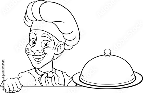 A chef or baker cartoon cook peeking around a sign or menu with copyspace. Giving a thumbs up and holding a platter plate or tray with cloche, mascot character illustration