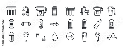 Water filtration icons collection featuring various filter components and accessories