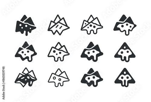 Loaded Nachos Icons. Loaded nachos. Icon set. Set Logo of Loaded nachos: melted cheese topping. harmonious logo variations of the same emblematic concept, each