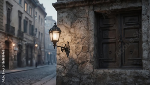 Evening European street with an illuminated wall lamp and closed window