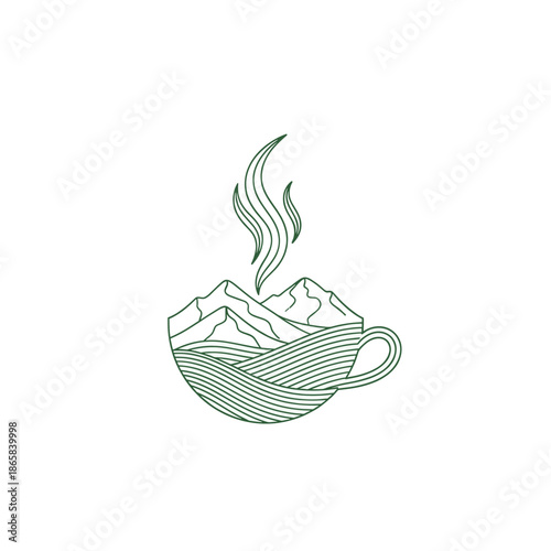 A stylized green line art illustration of a coffee cup filled with mountains and steam rising from the top.