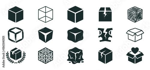 Diverse set of box and cube icons in black, representing concepts like shipping, damage, and gifts, featuring various styles including solid, outline, and decorative