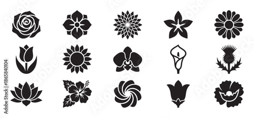 Collection of fifteen black flower icons featuring various species like rose, tulip, sunflower, and orchid in a minimalist glyph style for graphic design and web elements