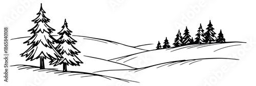 Hand drawn line art illustration of a winter landscape depicting pine trees on snowy hills for seasonal designs