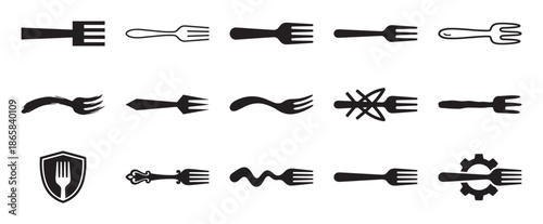 Collection of black fork icon silhouettes in various creative and minimalist styles, showcasing different graphic design elements for food, dining, and restaurant branding