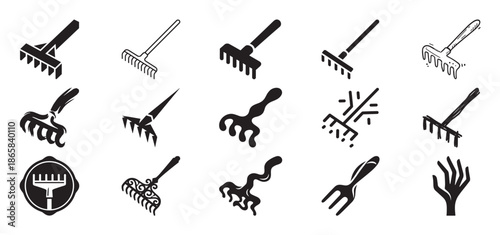 Diverse collection of black garden rake icons presented in various artistic styles, including minimalist silhouette, line art, abstract, and hand-drawn doodle illustrations for graphic design