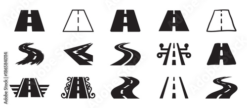 Collection of black road and highway icons showing various stylized paths, including straight, winding, curved, and abstract designs for transportation and travel concepts