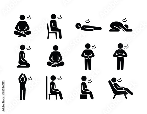 Breathing Pose Icons. Relaxing breathing poses. Solid icon set of Relaxing breathing poses: seated cross legged person, person sitting on chair upright, person