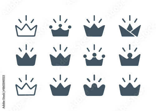 Success Icons Grid. Celebrating Success. Icon set. Set Logo of Celebrating Success: spark-emitting crown symbol. harmonious logo variations of the same