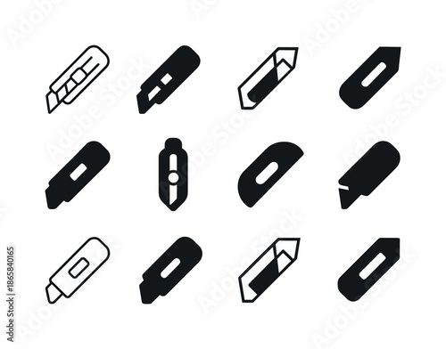 Sharp Tools Icon Set. Sharp tools. Icon set. Set Logo of sharp tools: utility knife. harmonious logo variations of the same emblematic concept, each with