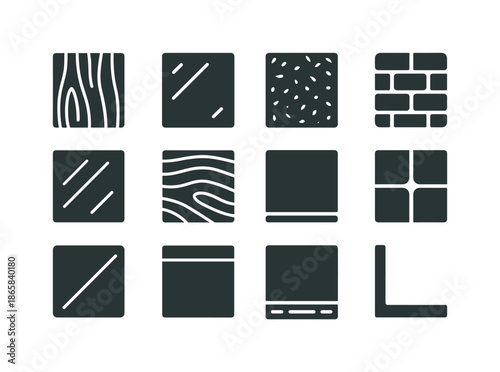 Architectural Finishes Icons. Architectural finishes. Solid icon set of Architectural finishes: wood panel, steel sheet, stone tile, brushed metal, stained