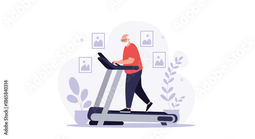 Senior man with a white beard wearing a red shirt and glasses walking on a treadmill in a room decorated with plants and frames.