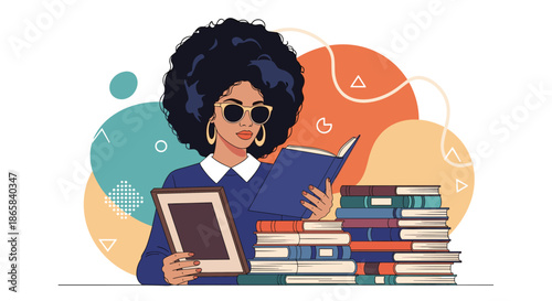 Stylish African American woman with a large afro and sunglasses reading a book amidst a pile of various colorful books and art.
