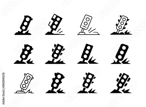 Damaged Infrastructure Icons. Damaged infrastructure. Icon set. Set Logo of damaged infrastructure: fallen traffic light. harmonious logo variations of the