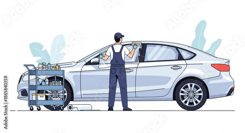 Technician applying a protective tinting film to the side window of a silver car at a professional auto service center.