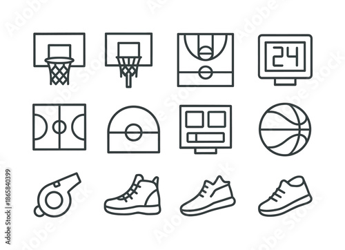 Basketball Icon Set. Basketball hoop. Line icon set of basketball hoop: rim, net, backboard, pole, court markings, free throw line, three-point arc, shot