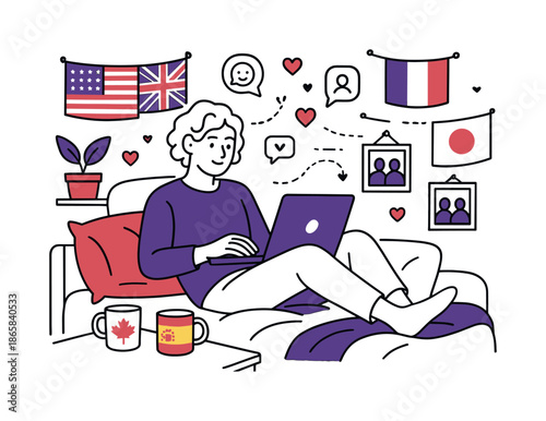 International Student Life. International dorm life. A student lounges with a laptop surrounded by flags, mugs, and photos; floating elements show community.