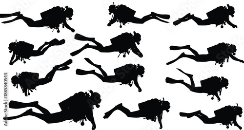 Collection of scuba diver silhouettes in various underwater swimming positions with tanks, fins, masks, and gear, showing ocean exploration activity