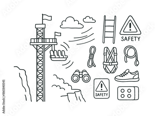 High Drop Tower Doodle. High drop tower. Hand-drawn doodle illustration high drop tower tower platform, ladder, rope, harness, gust lines, clouds, binoculars,