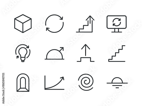 Paradigm Shift Icons. paradigm shift. Line icon set of paradigm shift: transformation box, update cycle, breakthrough arrow, system reboot, idea refresh,