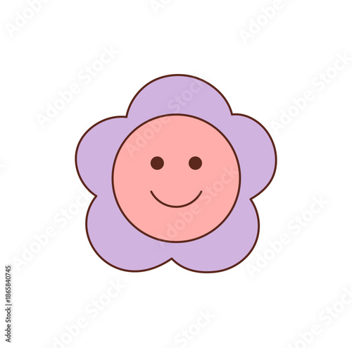 Groovy retro flower smiley sticker cartoon in pink and cute, happy style. Fun y2k groovy element creates playful mood, with cheerful color and pop look perfect for trendy, upbeat label or badge.