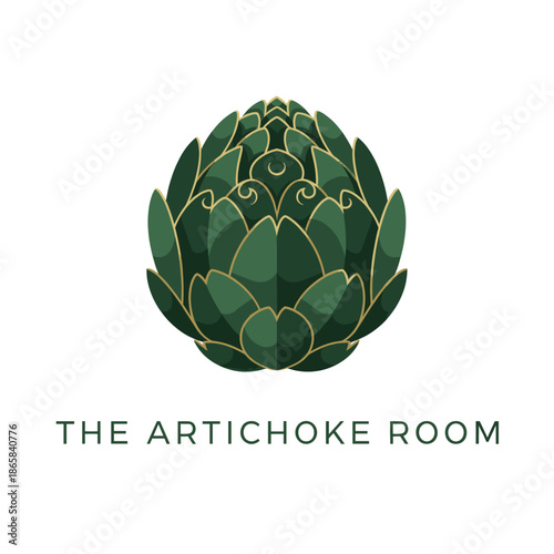 Elegant stylized green artichoke illustration with gold accents and 'THE ARTICHOKE ROOM' text below on a white background.