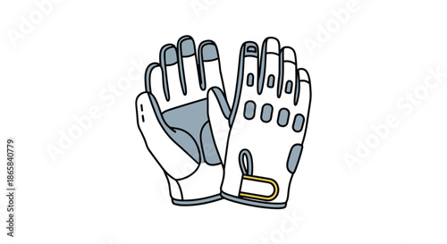 Pair of white work gloves with grey palm reinforcements and yellow wrist straps, designed for protection during manual labor.