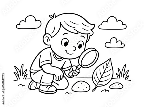 Discovering Nature Coloring Page. Nature discovery children?s coloring book illustration, outlined drawing, child examining a leaf and rock with a simple