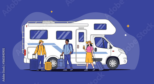Three diverse young people standing in front of a large white camper van, ready to embark on a road trip adventure.
