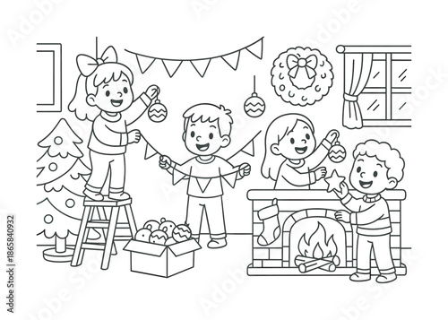 Children Decorating Home. Holiday celebration children?s coloring book illustration, outlined drawing, cheerful characters decorating a home with traditional
