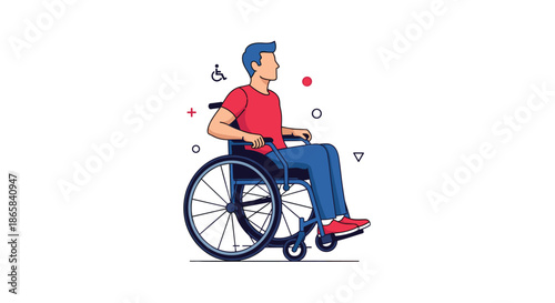 Man sitting in a manual wheelchair shown from the side against a background of abstract shapes and a disabled person symbol.
