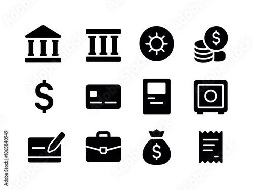 Bank Icons Set. Bank building. Solid icon set of bank building: bank facade, columns, vault door, coin stack, dollar sign, credit card, ATM machine, safe box,