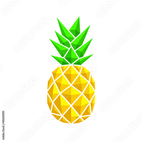 Stylized low-poly pineapple illustration with geometric facets in vibrant yellow and green colors on a white background.