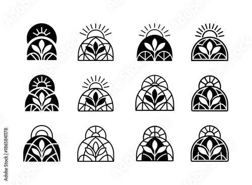 Solar Punk Logo Variations. Solar punk architecture fans. Icon set. Set Logo of Solar punk architecture: greenhouse dome. harmonious logo variations of the