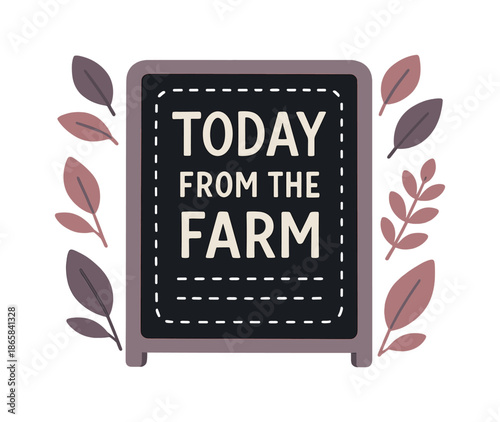 Rustic Farm Menu. Restaurant menu design. A chalkboard shows a ?Today from the farm? list, leaf icons floating beside it. Light gradients add rustic charm.