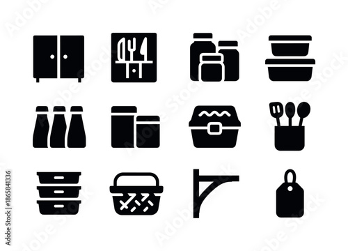 Kitchen Storage Icons. Kitchen storage. Solid icon set of Kitchen storage: cabinet, drawer organizer, jars, food containers, spice jars, tea tins, snack boxes,