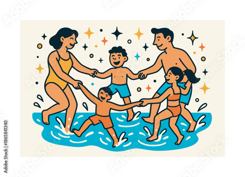 Joyful Family Swim. Summer family dip. Everyone holds hands in a circle, kicking water happily; abstract sparkles highlight togetherness. Modern flat-line