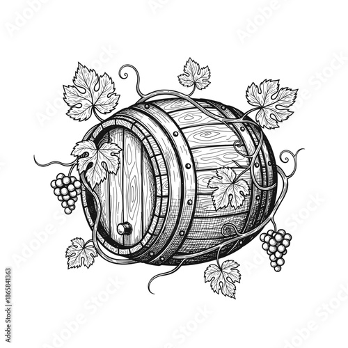 Vintage engraved illustration of a wooden wine barrel adorned with grapevines and ripe grape bunches, depicting a classic winemaking scene.